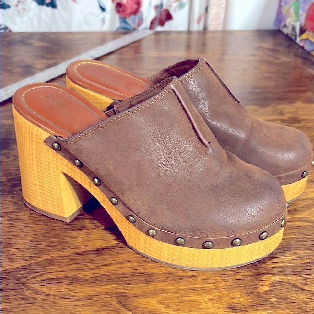 MIA Brown Tan Clogs with Chunky Wooden Heel